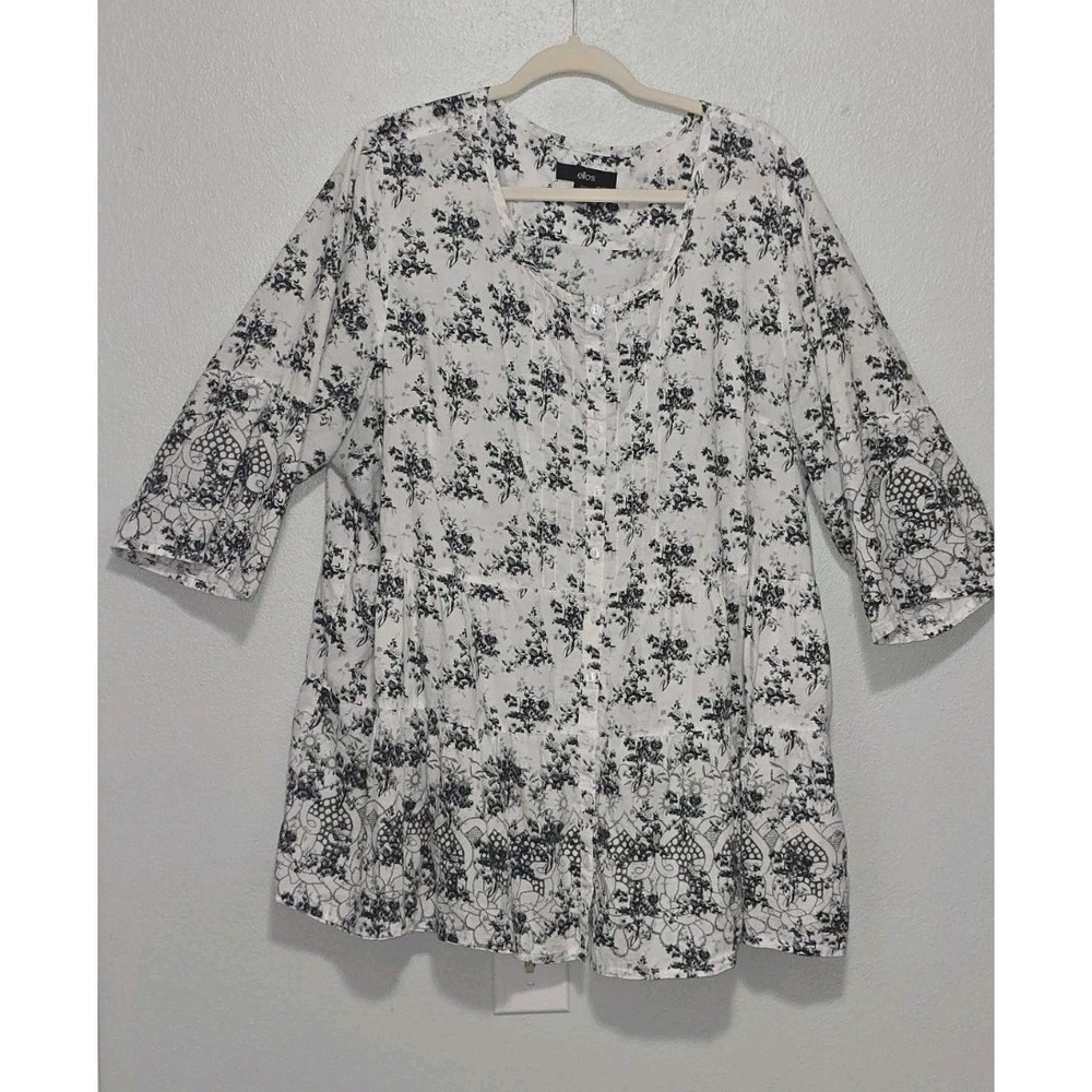 Ellos 1X 22/24 White Black Floral Cotton Pintuck Button Up Blouse Tunic Shirt